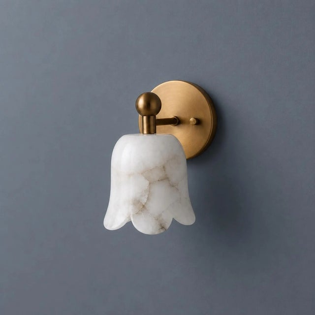 Contemporary Brass Alabaster Flower Wall Sconces, Brass Ruffle Alabaster Flower Shade, Wall Sconce Marble Wall Light Pair of 2 For Sale - Image 3 of 11