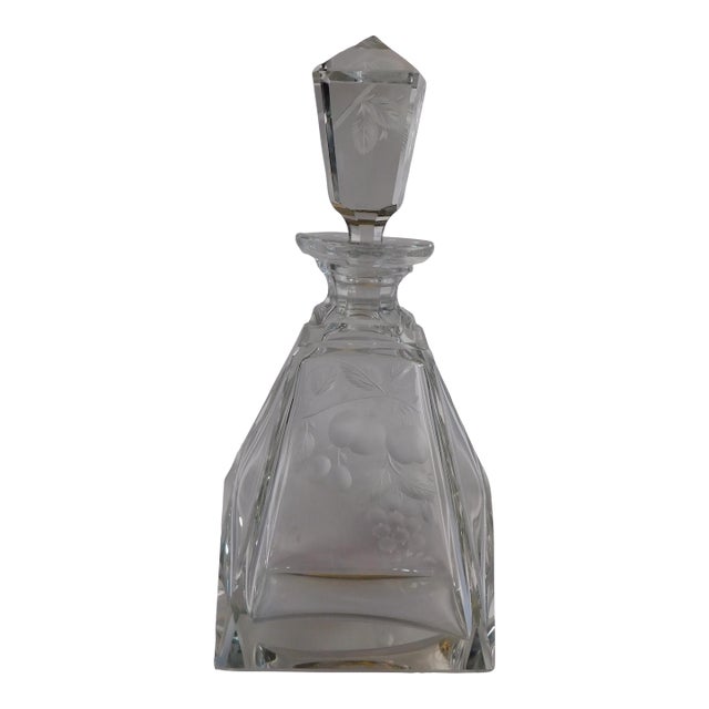 1950s Cut Crystal Decanter With Etched Fruit Design For Sale