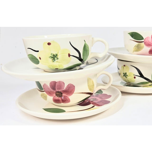 Art Nouveau Pink and Yellow Dogwood Teacups and Saucers- Set of Eight For Sale - Image 3 of 15