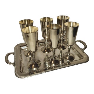 Vintage Set of Champagne Flutes and Tray Set of 6 For Sale