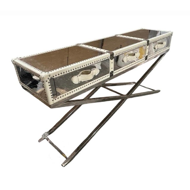 Modern 1980s Brushed Iron, Wood & Leather Drawers Console Table For Sale - Image 3 of 12