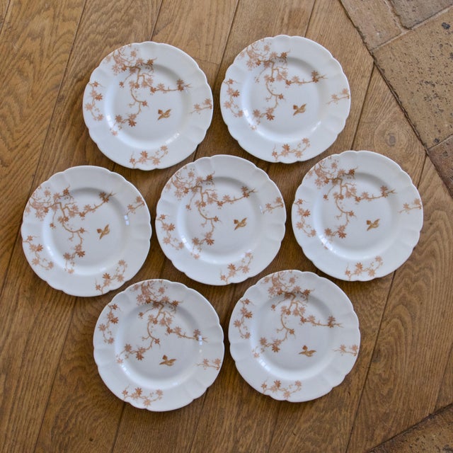 Antique Limoges Porcelain Dessert Plates with Bird Decoration from Charles Haviland, 1930s, Set of 7 For Sale - Image 4 of 7