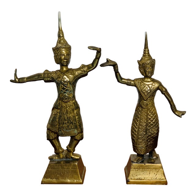 Pair of Vintage Brass Thai Dancer Statues – Male & Female, Southeast Asian For Sale