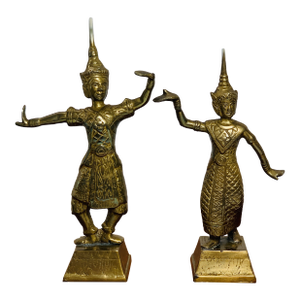Pair of Vintage Brass Thai Dancer Statues – Male & Female, Southeast Asian