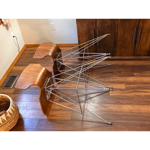 Brown Pair of Vintage "Eiffel Tower" Chrome and Bent Wood Bar Stools For Sale - Image 8 of 11