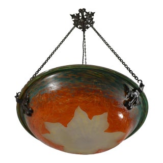 Large French Art Deco Pendant Light by Le Verre Francais Schneider - 1925 Cameo Chandelier France For Sale