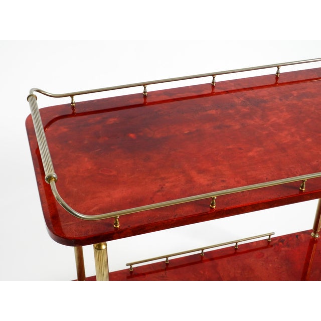 Large Vintage Red Goatskin Serving Bar Cart by Aldo Tura, 1960s For Sale - Image 9 of 18