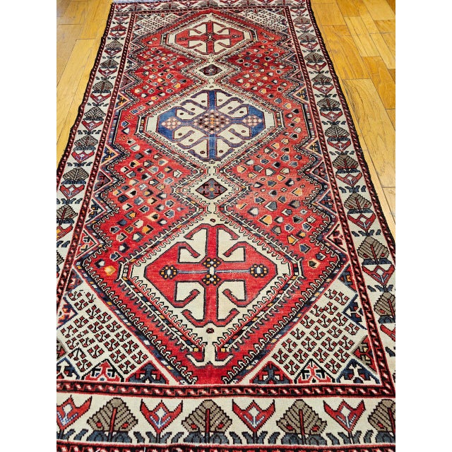 Vintage Shiraz Tribal Area Rug, Hand-Knotted Wool, Geometric Pattern, Red & Ivory, 5x10 For Sale - Image 9 of 13