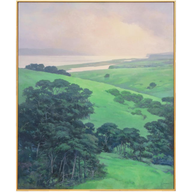 Green 'California Sunset, Drake's Bay' by Duane Wakeham, 1997, San Francisco, Pastel Society of America, Extra Large Oil Landscape For Sale - Image 8 of 11