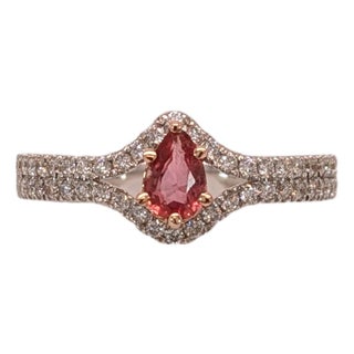 Ceylon Padparadscha Sapphire Ring With Natural Diamond Accents in Solid 14k Gold, Size 6.75 For Sale