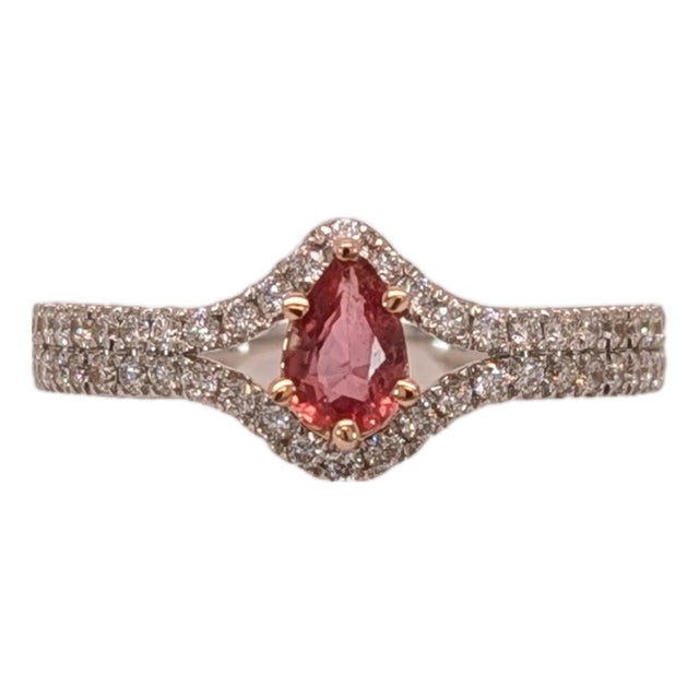 Ceylon Padparadscha Sapphire Ring With Natural Diamond Accents in Solid 14k Gold, Size 6.75 For Sale