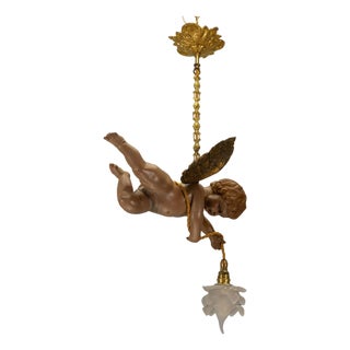 French Art Nouveau Cherub Pendant Light in Carved Wood & Frosted Glass, 1920 For Sale
