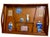 This decorative wooden display tray with compartments contains a collection of miniature blue and white porcelain items....