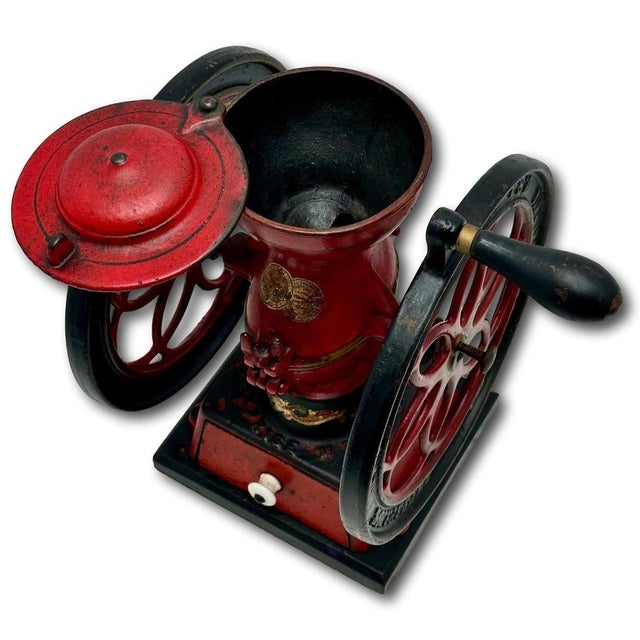 Late 19th Century Rare Small 12.75 Inch Tall Antique Enterprise Philladelphia MFG Co. #2 Cast Iron Hand Crank Coffee Grinder in Excellent Original Paint. For Sale - Image 5 of 18