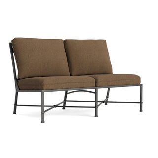Brown Jordan Venetian Armless Loveseat, Textured Pewter frame with Fusion Moccasian fabric For Sale