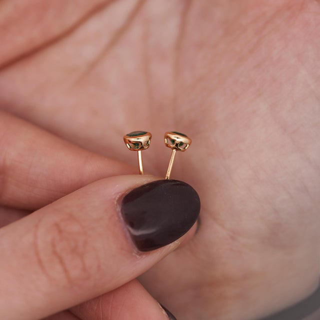 Metal 0.50 Carat Oval Emerald Bezel Set 18k Gold Stud Earrings, A Pair For Sale - Image 7 of 7