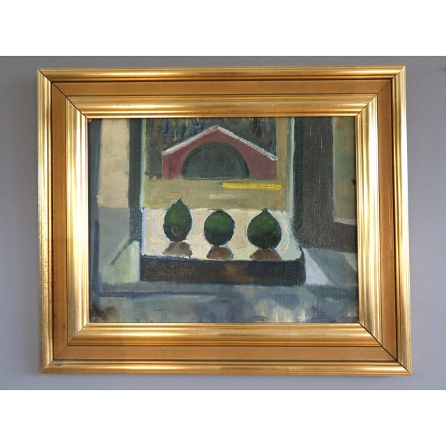 THE FIGS Size: 19.3 x 23 inches (including frame) Oil on canvas A poised mid-century still life that presents a quietly...