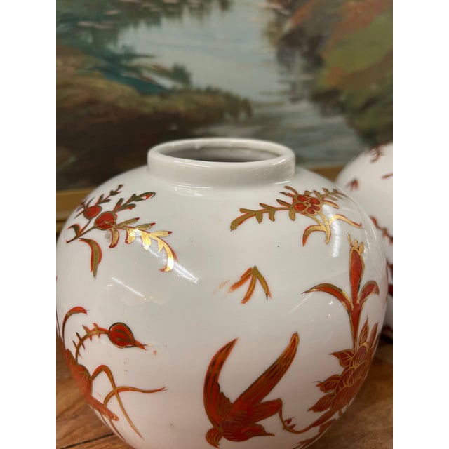 Pair of Vintage Japanese Porcelain Vases With Gilt Bird and Floral Decoration, Decorated in Hong Kong For Sale - Image 9 of 11