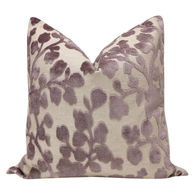 Pair of 22" custom-made blossom cut velvet pillows in smokey lavender. Meticulously handcrafted with serged interior...