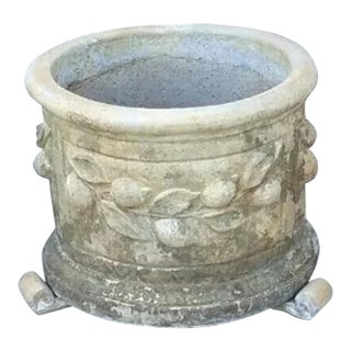 Vintage Cast Stone Cement Lemon and Leaf Motif Round Garden Planter Flower Pots With Feet Risers For Sale