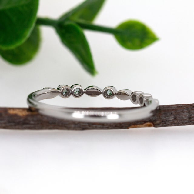 Dainty Alexandrite Band With Milgrain Details in Solid 14k White Gold | Rd 2mm, Size 6.75 For Sale In Columbus - Image 6 of 8