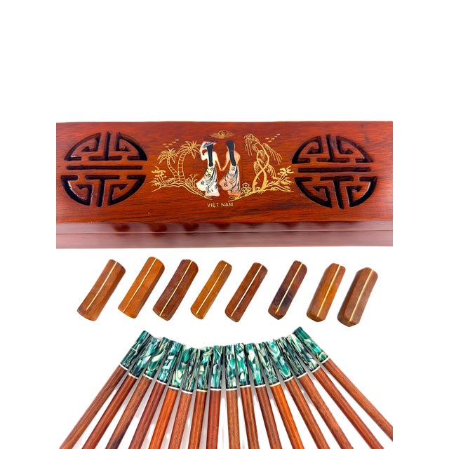 Contemporary Asian Modern Vietnamese Wooden Chopsticks for 8 With Green Mother of Pearl Marbled Tips Decorative Storage Box and Coordinating Rests - 25 pcs For Sale - Image 3 of 10