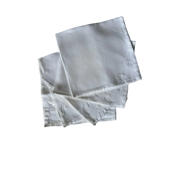 Vintage French Cotton Napkins, Set of 5, Hand Embroidered Corner Motif, Heirloom Trousseau Napkins, Soft White Napkins, Fine Table Linen For Sale - Image 9 of 9