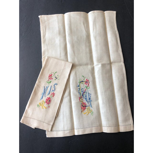 His and Hers Embroidered Linen Hand Towel Set of 2 For Sale - Image 9 of 11
