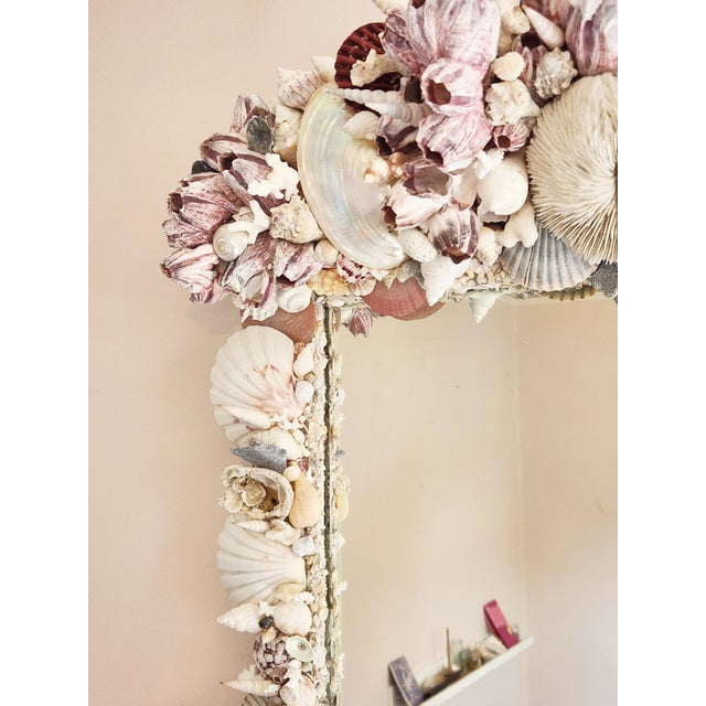 Coastal Seashell Encrusted Wall Mirror, Coastal Grandma Decor, Scallop Shell Accent For Sale - Image 3 of 16