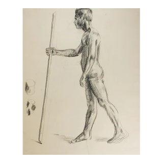 Vintage 1950s Charcoal Standing Male Figure Drawing For Sale
