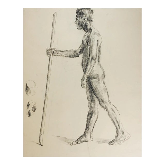 Vintage 1950s Charcoal Standing Male Figure Drawing For Sale