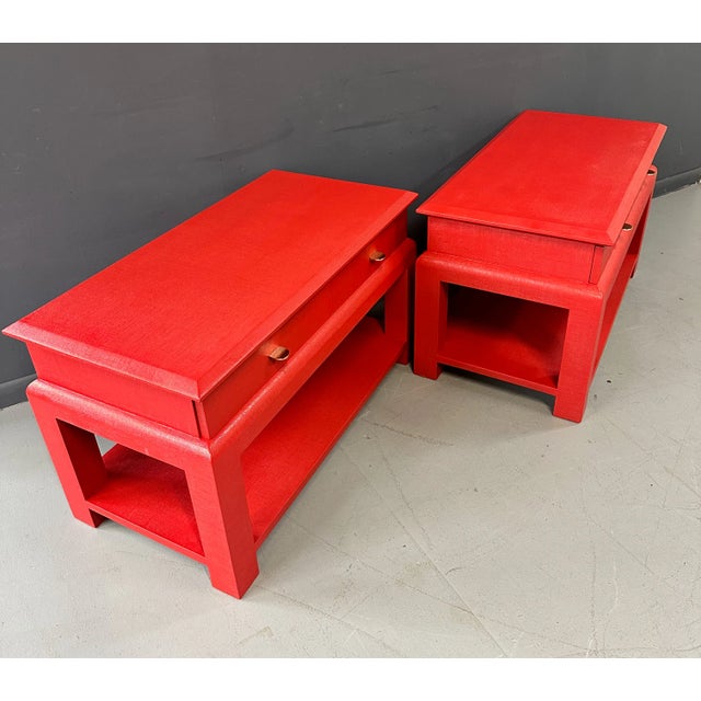 1970s Mid Century Karl Springer Style Lacquered Red Raffia Side Tables With Brass Pulls - a Pair For Sale In Philadelphia - Image 6 of 10
