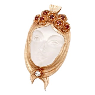 Walter Bauscher 14k Gold, Rock Crystal, Garnet, and Diamond Figural Face Pendant For Sale