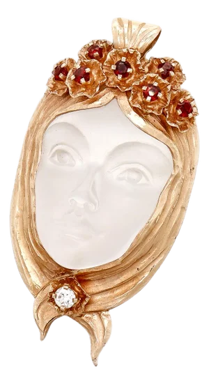 Walter Bauscher 14k Gold, Rock Crystal, Garnet, and Diamond Figural Face Pendant