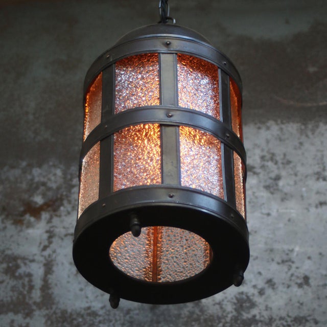 Dutch Arts & Crafts Brass and Glass Cathedral Hall Lantern, 1920s For Sale - Image 3 of 8