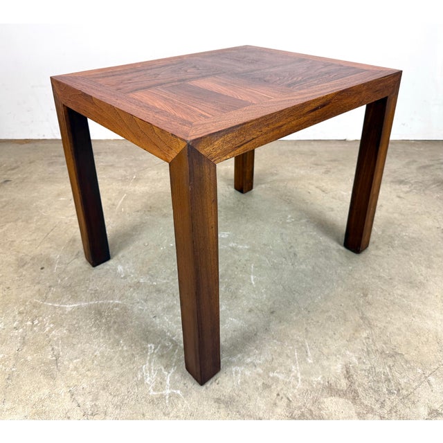 A gorgeous Lane Furniture parsons style side table with walnut parquet top, circa 1970’s. Top has been professionally...