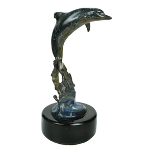 Mid 20th Century Handmade Solid Bronze Leaping Dolphin With Waves on Black Onyx Stone Base Signed