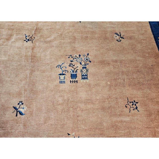 Chinese Antique Chinese Peking Rug, Hand-Knotted Wool, Pale Peach, Navy, 9' x 12' For Sale - Image 3 of 18
