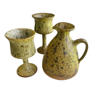 Vintage Handmade Pottery Wine Goblets & Wine Pitcher Set of 3 Pottery