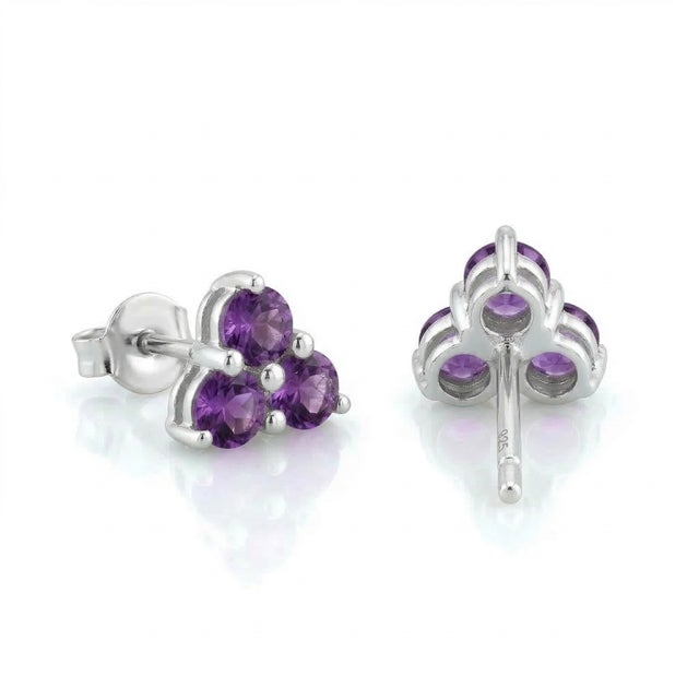 These elegant stud earrings feature a refined cluster of vibrant Amethyst gemstones, celebrated for their rich violet hue...