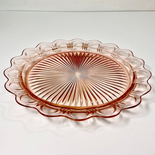 Indiana Glass Company Early 20th C Art Deco Hollywood Regency Boho Chic Pink Glass Starburst Platter. For Sale - Image 4 of 9