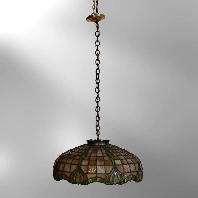 1910s Duffner & Kimberly Attr Arts & Crafts Leaded Stained Glass Hanging Light For Sale - Image 11 of 11