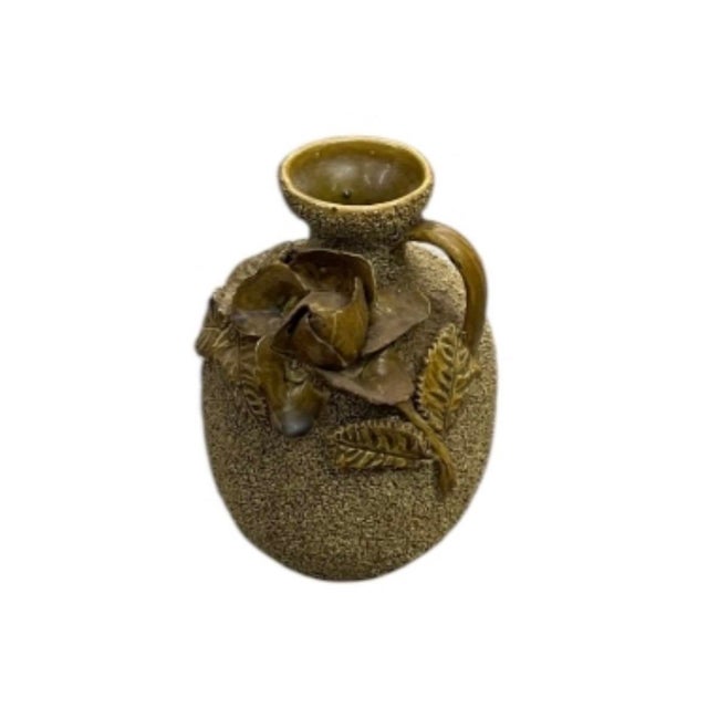 Vintage Earth-Tone Ceramic Pitcher Vase With Sculpted 3d Floral Motif & Pebble Texture For Sale In West Palm - Image 6 of 12
