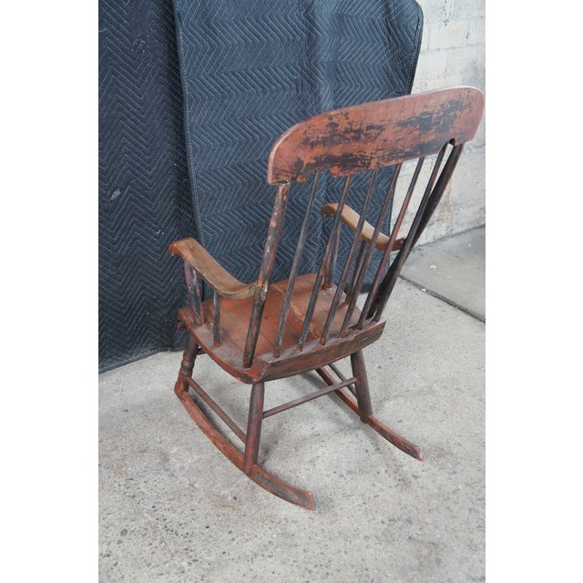Camel Antique Early American Country Farmhouse Windsor Slat Back Rocking Chair For Sale - Image 8 of 12