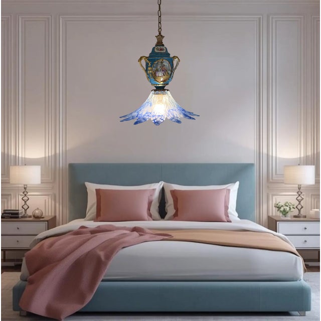 Metal Antique Sevres-Style Bleu Celeste Romantic Floral Porcelain With Murano Art Glass Lotus Blue Shade For Sale - Image 7 of 17