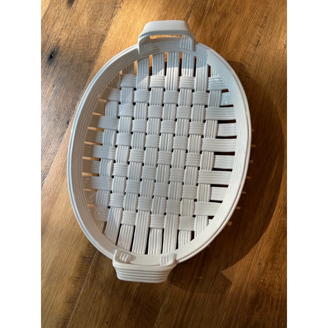 White Ceramic Basketweave Woven Tray For Sale - Image 4 of 11