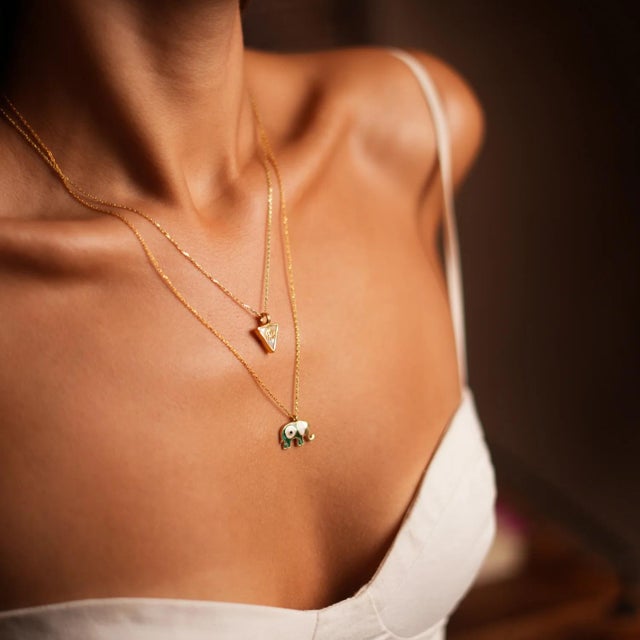 Wishful Elephant & Evil Eye Green Enamel Pendant Gold Chain Necklace For Sale - Image 4 of 8