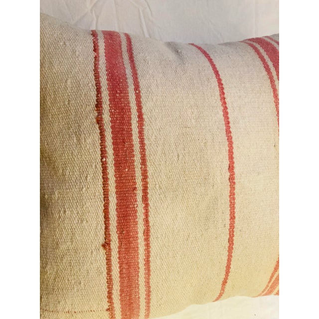 French Country Vintage Turkish Kilim Creamy White With Rose Stripe Cotton Wool Decorative Pillow For Sale - Image 3 of 8