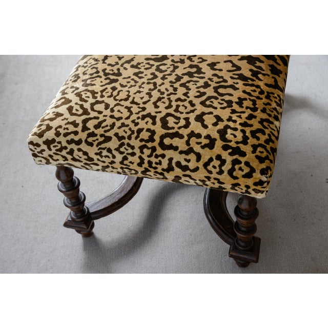 French Louis XIII Style Turned Wood Ottoman, Animal Print Velvet For Sale - Image 4 of 16