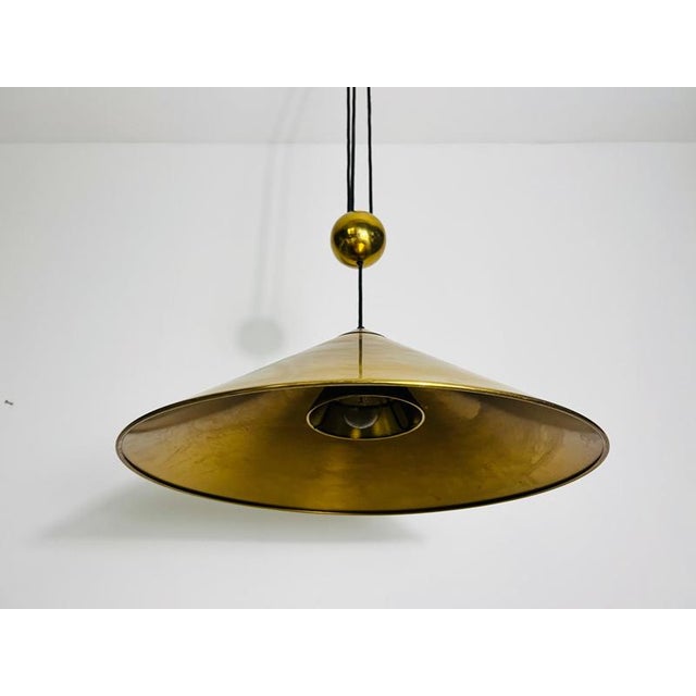 Gold Cone Shaped Brass Pendant Lamp with Counterweight attributed to Florian Schulz, 1970s For Sale - Image 8 of 14